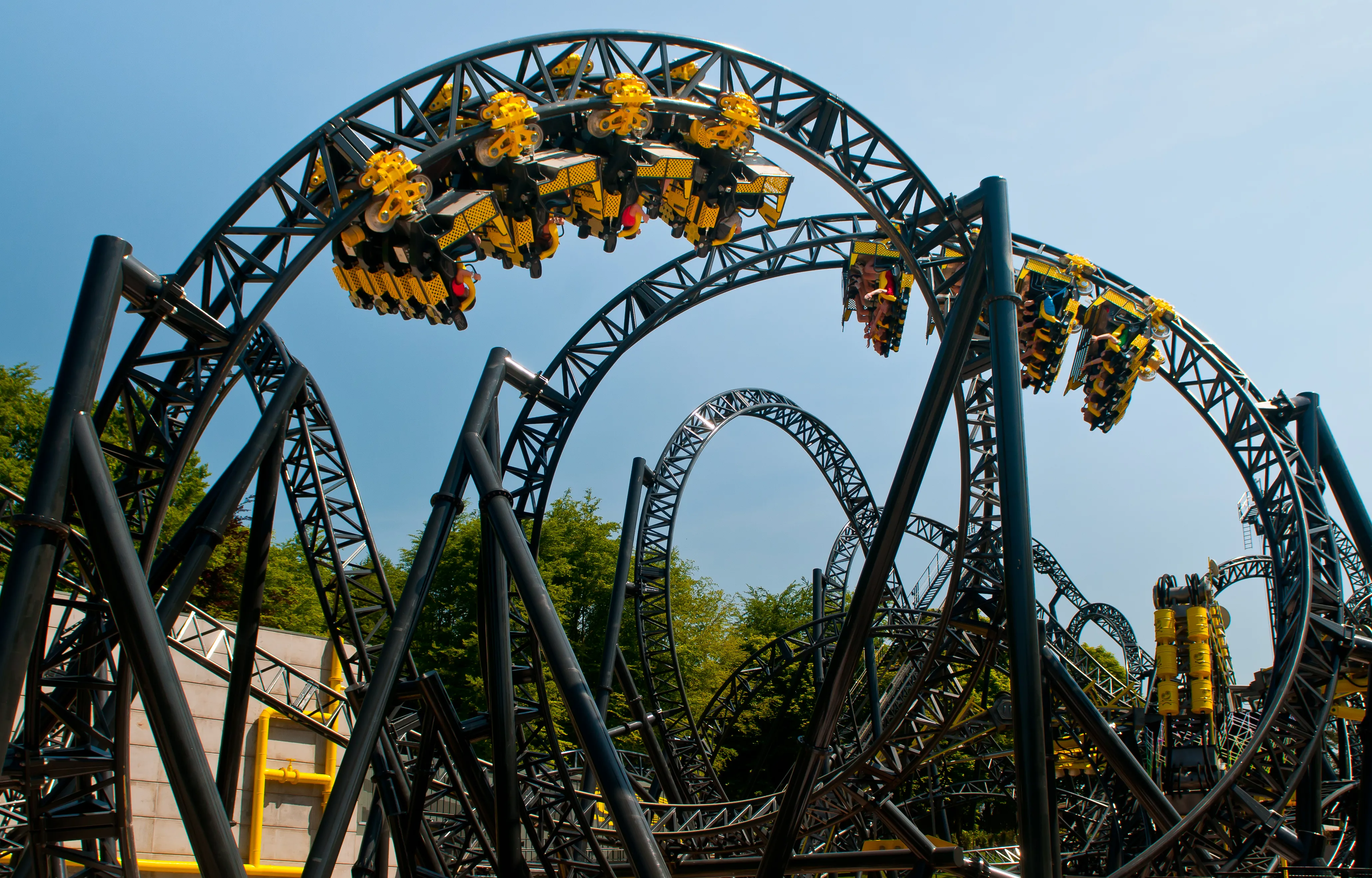 Two trains from The Smiler upside down at Alton Towers Theme Park