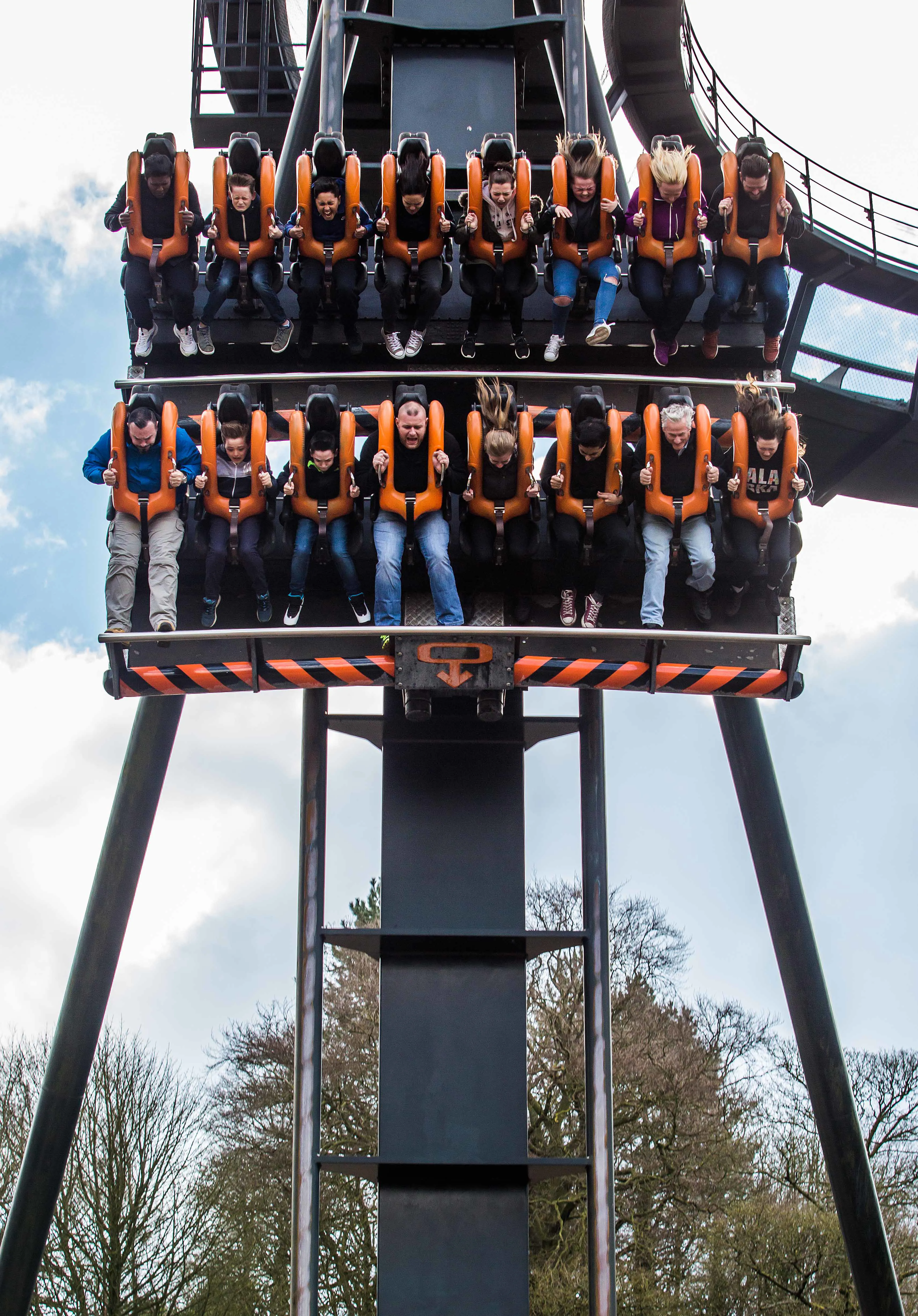 Close-up of guests falling face-down on Oblivion at Alton Towers Resort